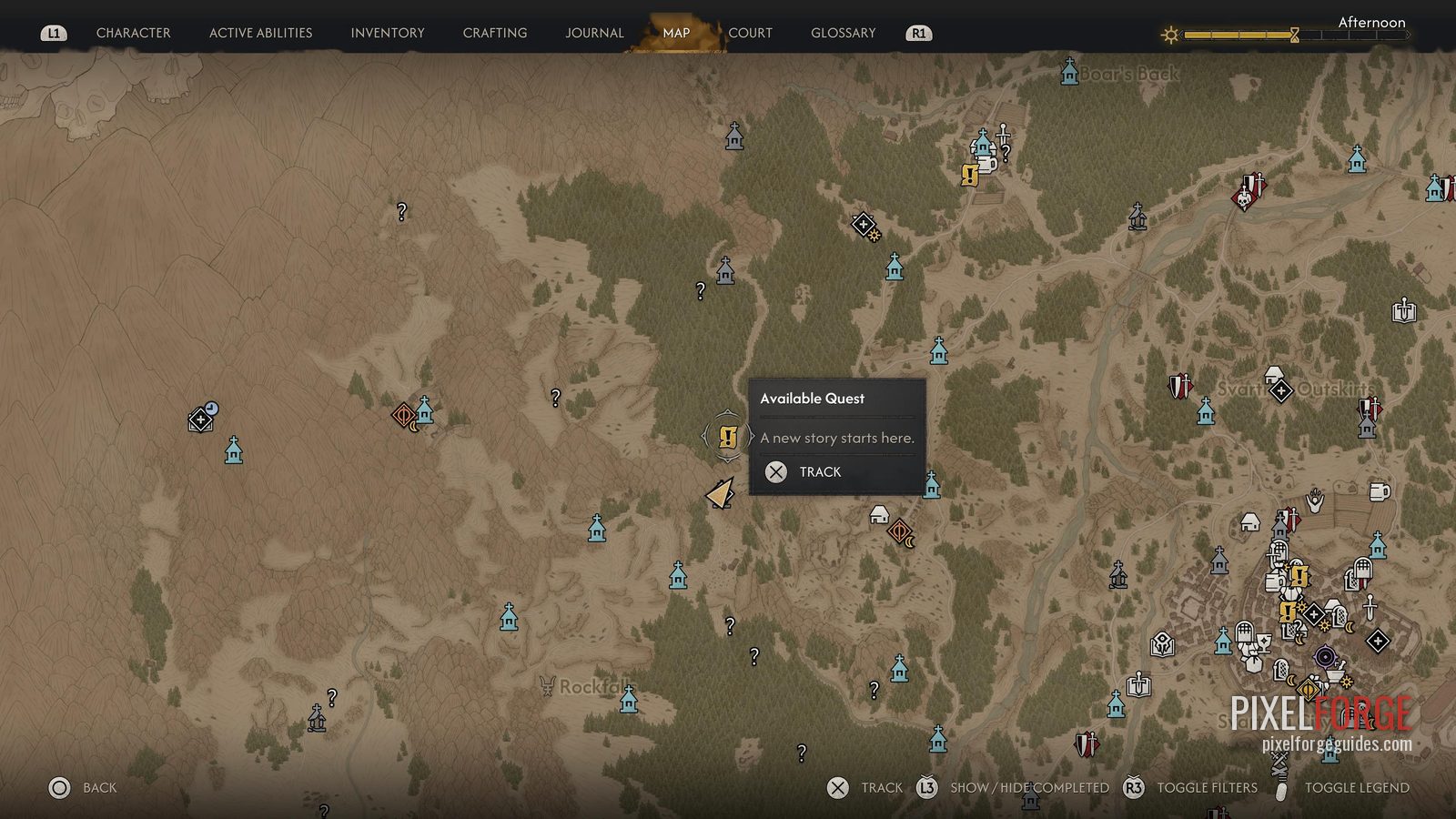 Available Quest pin, Boar's Back, towards Rockfall