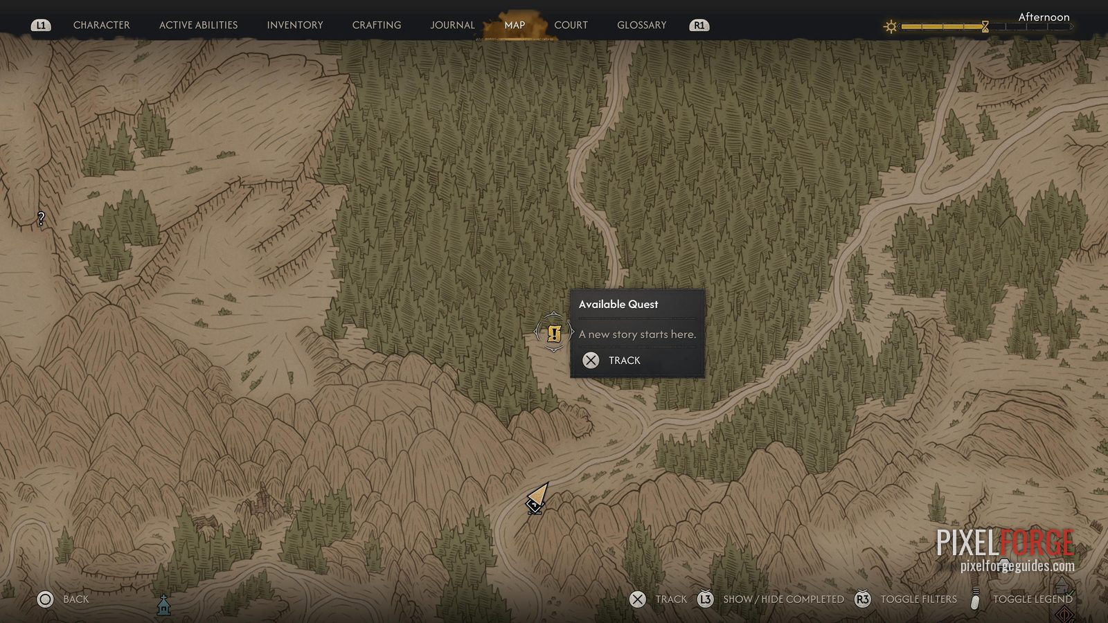 Available Quest pin zoomed in, Boar's Back, towards Rockfall