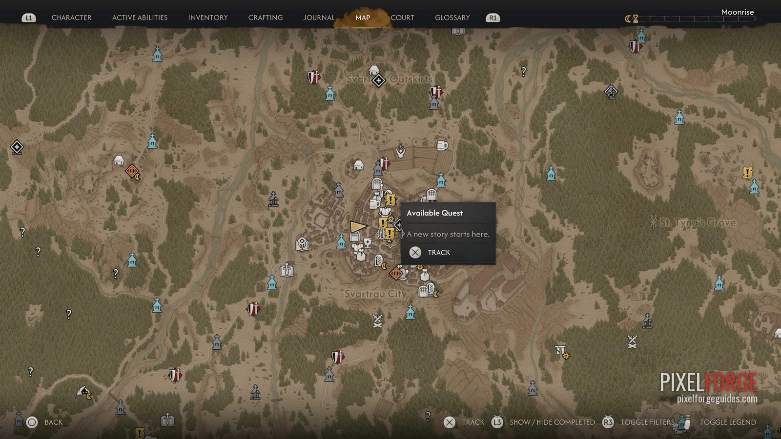 Available Quest pin, Svartrau Outskirts, near St. Tyng's Grove