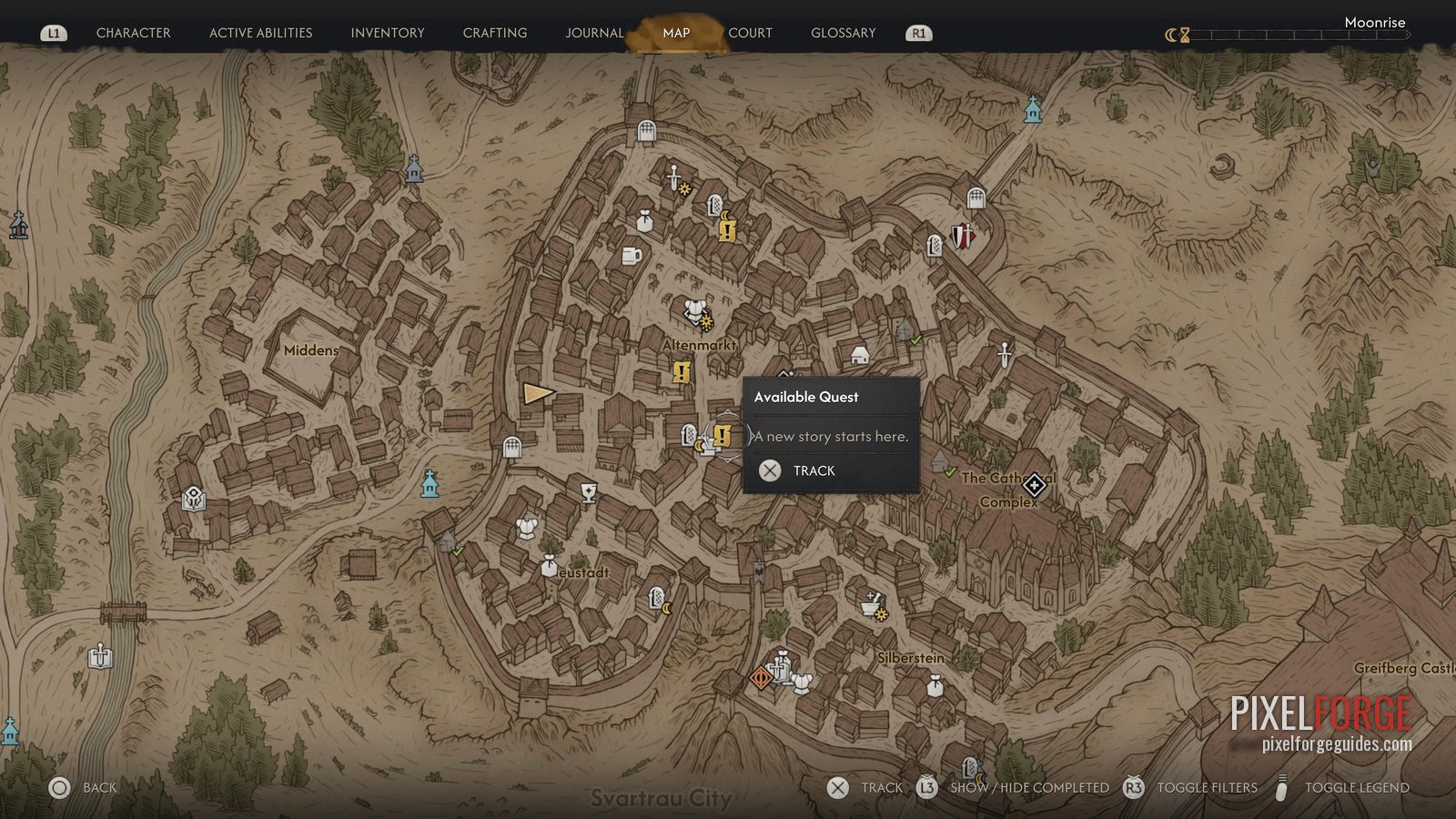 Available Quest pin zoomed in, Svartrau Outskirts, near St. Tyng's Grove