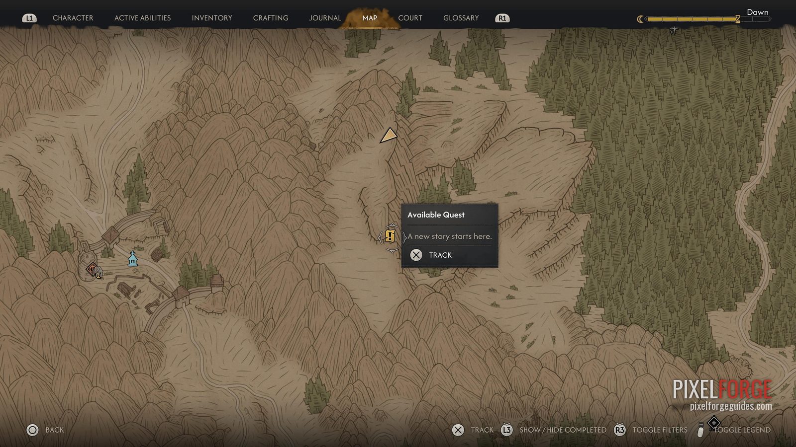 Available Quest pin zoomed in, Rockfall