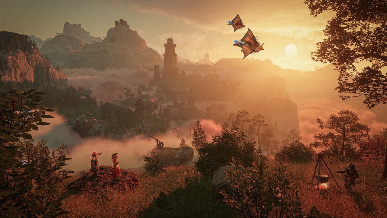 Gliding over the Springlands at sunset in Enshrouded