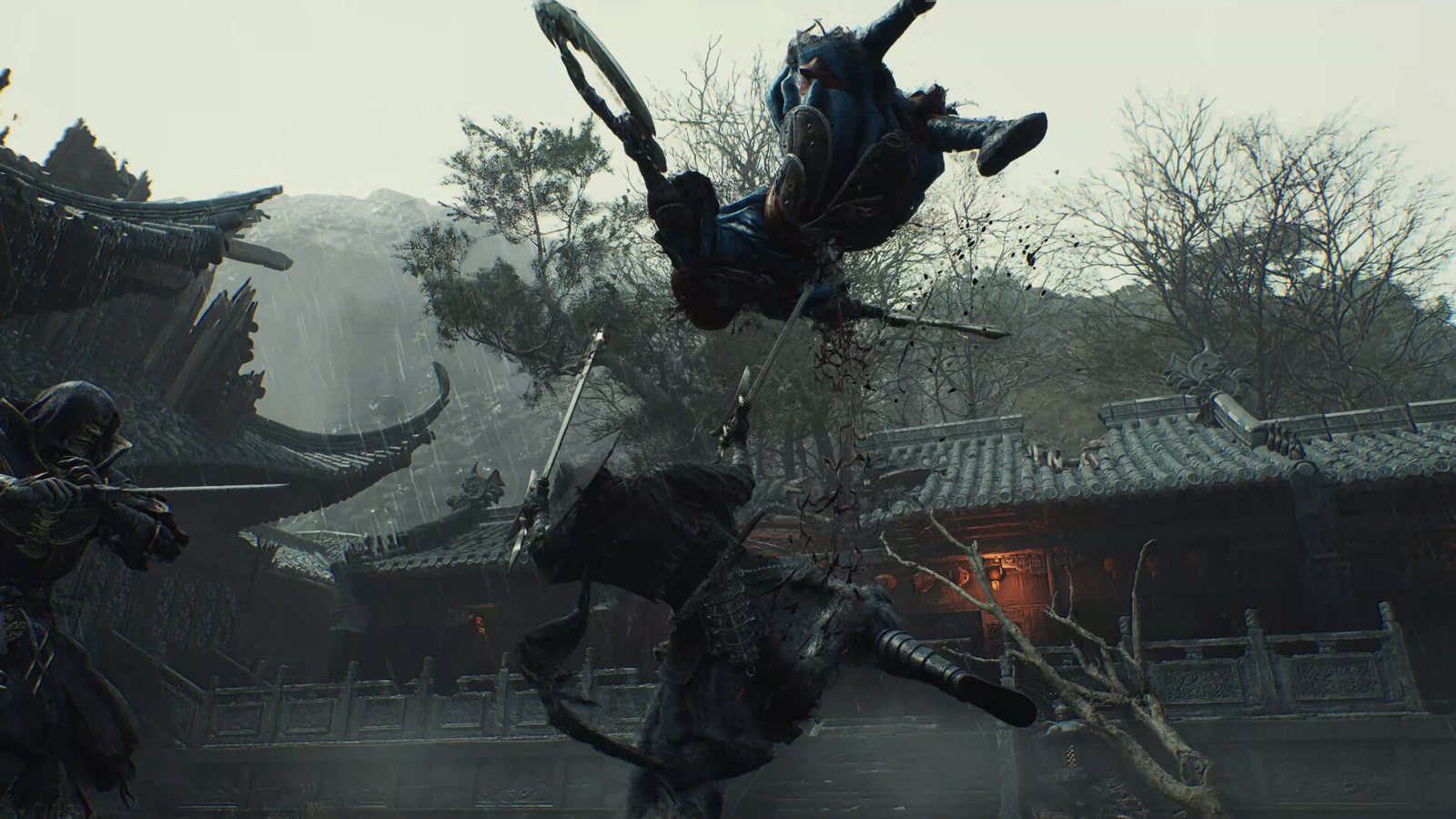 Soul leaping into a fight in a rain-soaked courtyard (official screenshot)