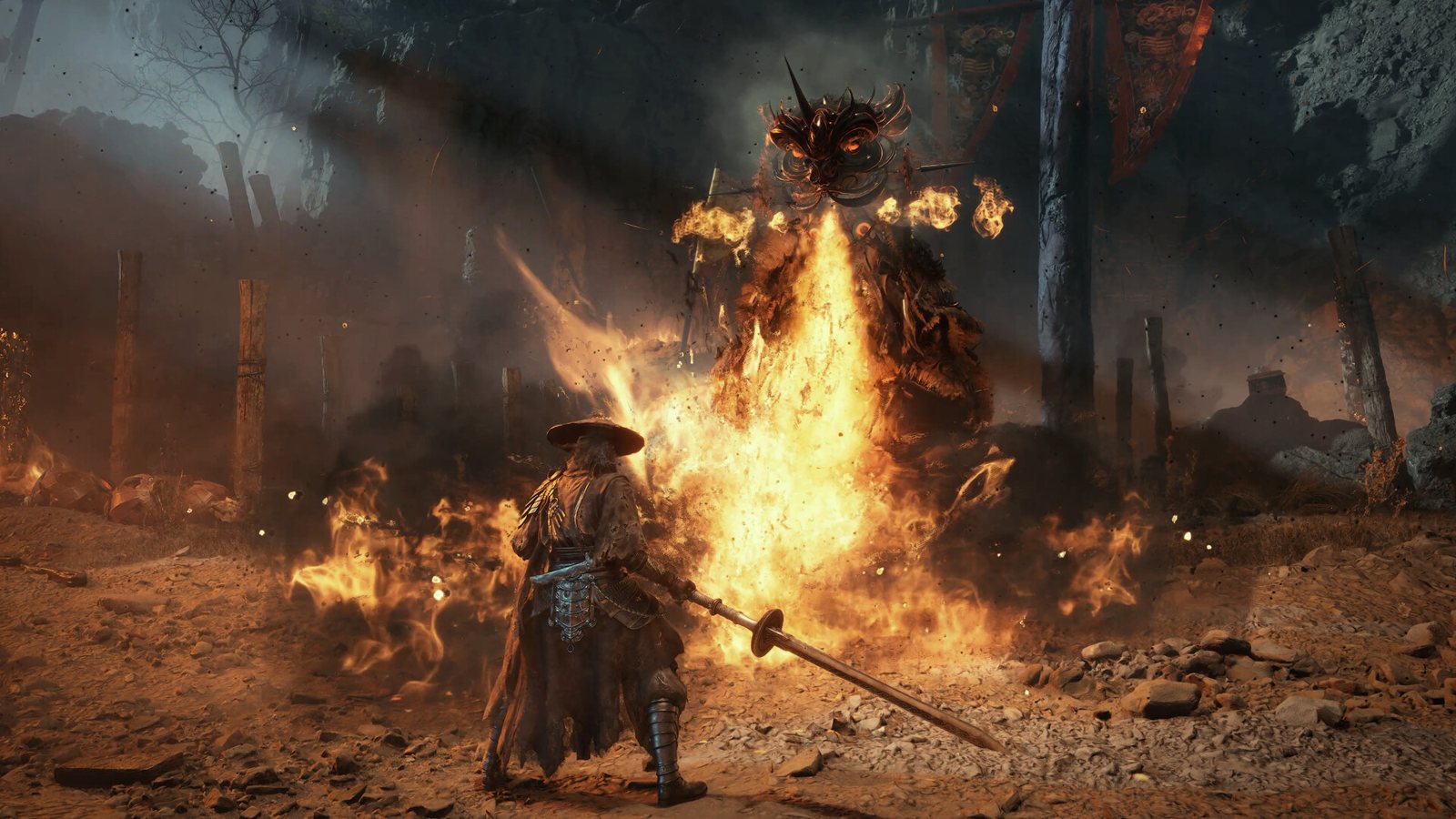 A fire-wreathed boss fight (official screenshot)